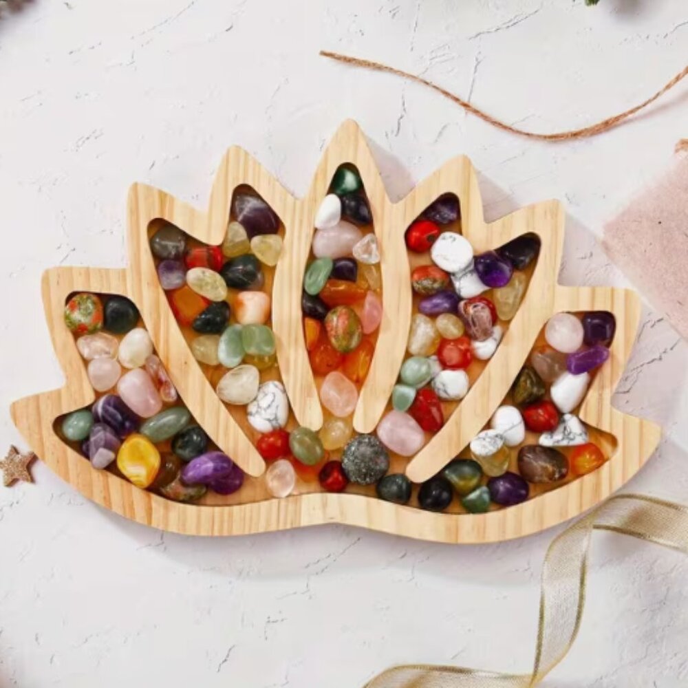 Wood Lotus Tray with Small Tumbled Crystal Stones - NWT